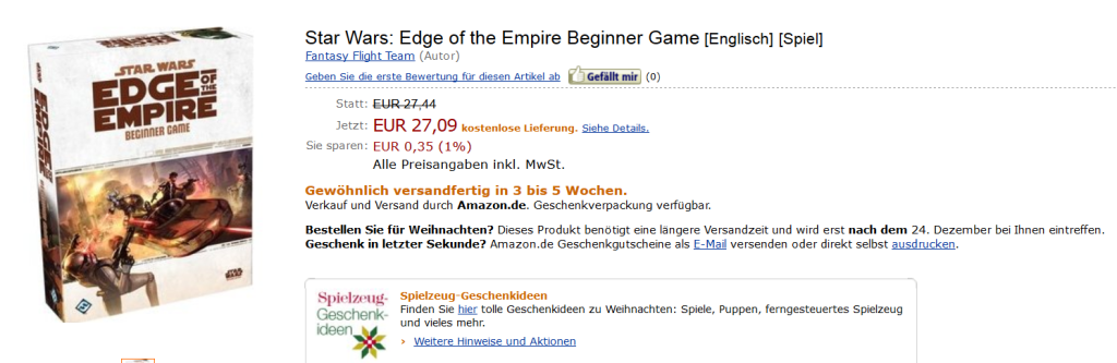 Star Wars(R): Edge of the Empire(TM) Beginner Game via Amazon.de (Stand 22.12.2012)