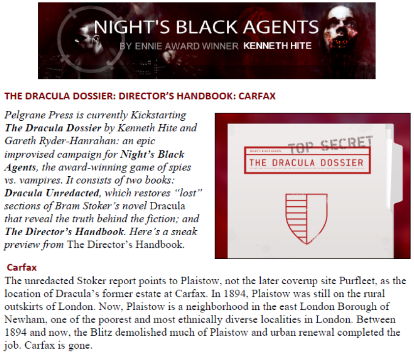 Night’s Black Agents – A Dracula Dossier Preview: Carfax (4 pages, PDF - Source: Pelgrane Press)