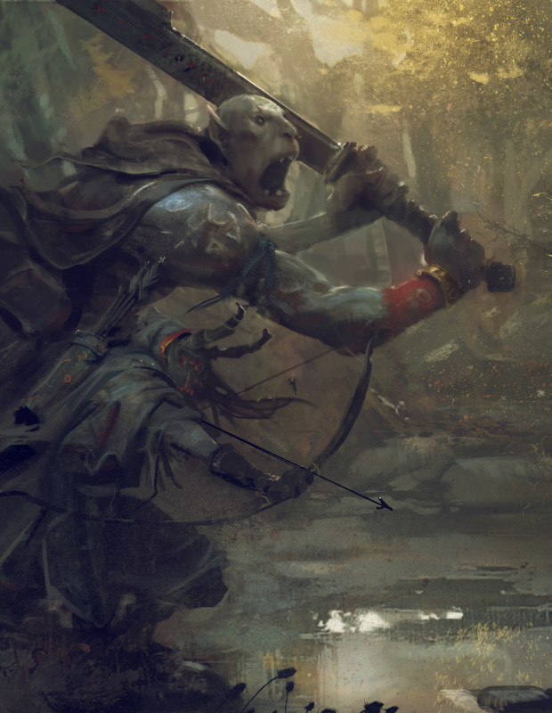 Symbaroum RPG: "The ogres emerge fully grown from the depth of Davokar, without memories, without names and without a language to make themselves understood. It is up to the humans who take them in to name them and teach them the ways of the world." (Image: Järnringen)